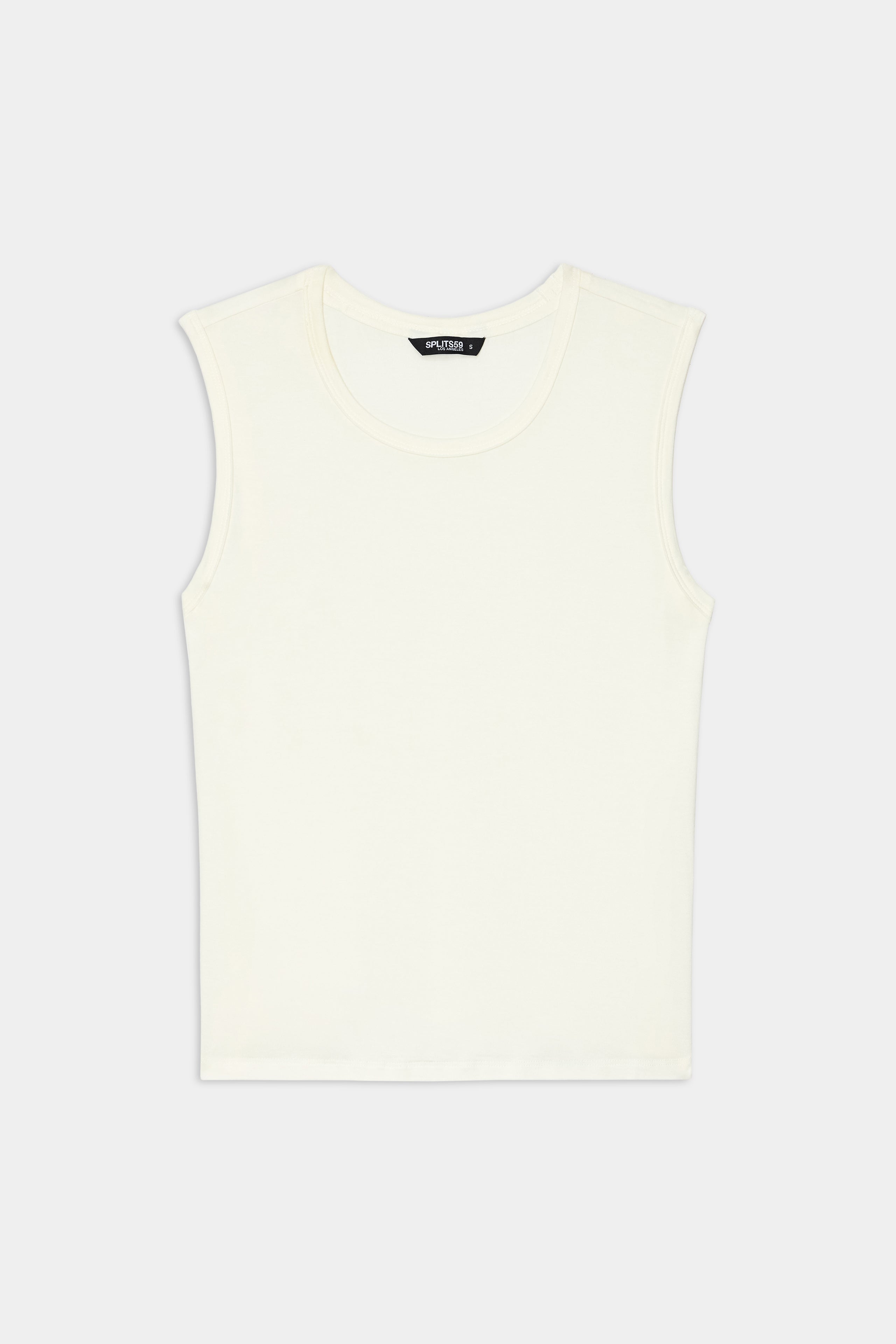 Nikki Jersey Tank - White by SPLITS59 laid flat on a light background, made from soft viscose with a black brand label at the neckline.
