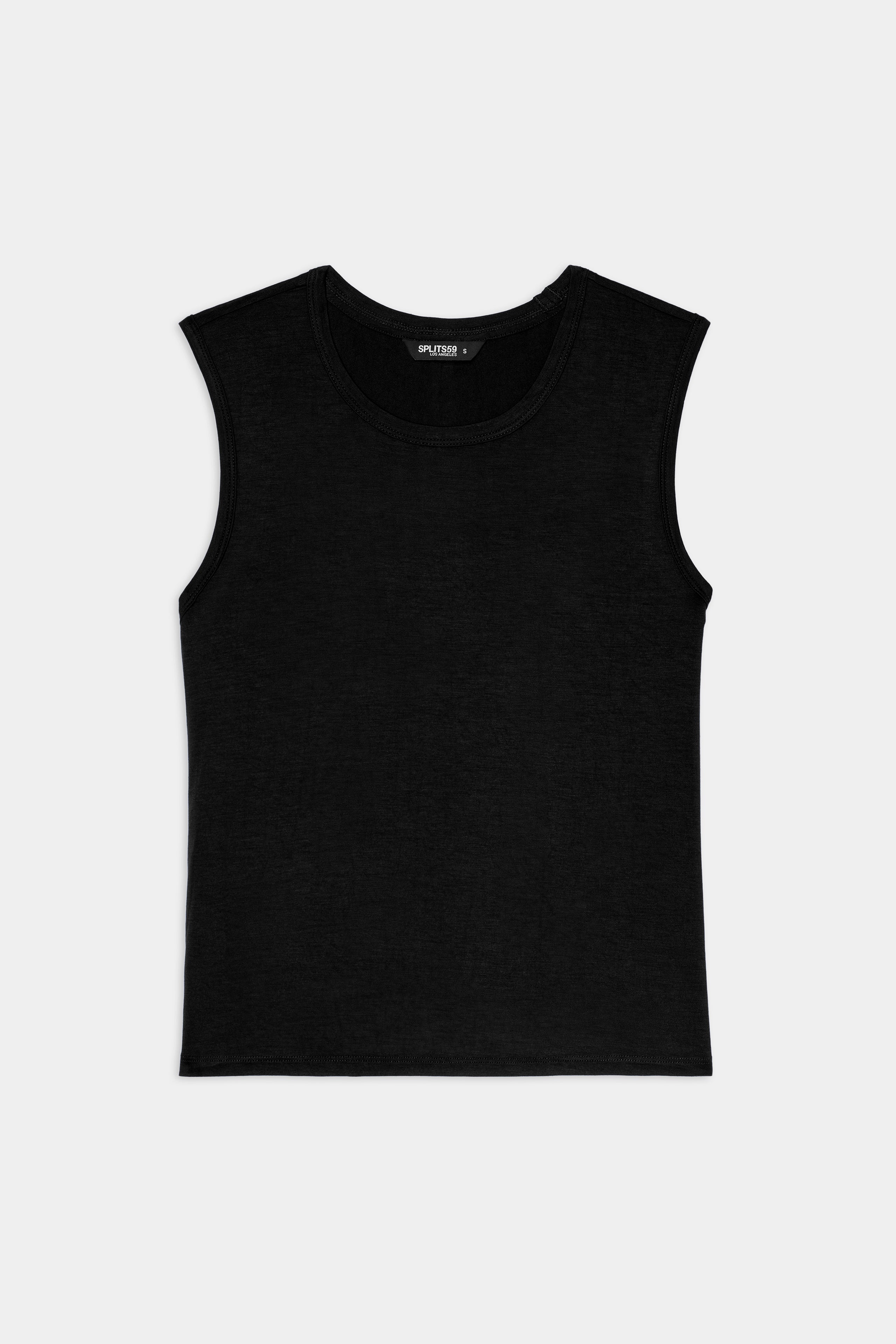 The SPLITS59 Nikki Jersey Tank - Black is a sleeveless, soft viscose top with a round neckline, front view shown flat on a white background.