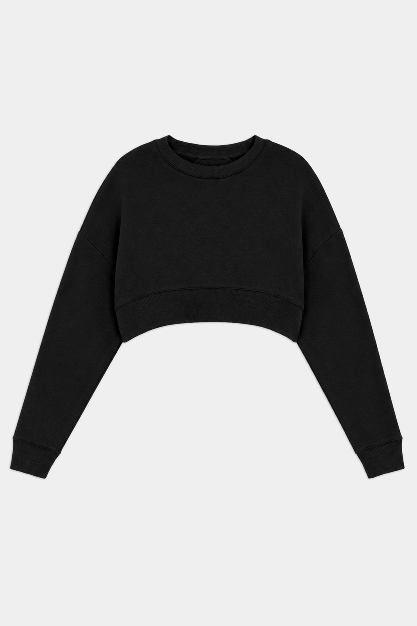 The SPLITS59 Noah Fleece Crop Sweatshirt in black features long sleeves, a crew neckline, and dance-inspired design—made in Los Angeles and shown flat on a white background.