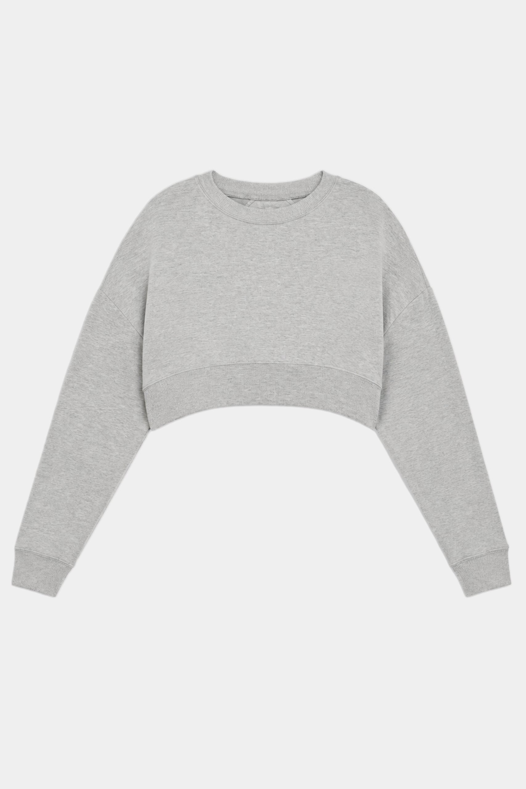 The SPLITS59 Noah Fleece Crop Sweatshirt in heather grey is a long-sleeve, soft modal-spandex blend top with a cropped fit, displayed against a plain white background.