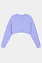The SPLITS59 Noah Fleece Crop Sweatshirt in Purple Haze is a long-sleeve, crew neck, lavender cropped top made from a stretchy spandex blend, shown against a plain white background.