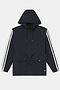 The SPLITS59 Reggie Water Repellent Jacket in Black/White features white sleeve stripes, front drawstrings, flap pockets, and a zip closure. Made from a nylon-spandex blend, it is shown laid flat on a white background.