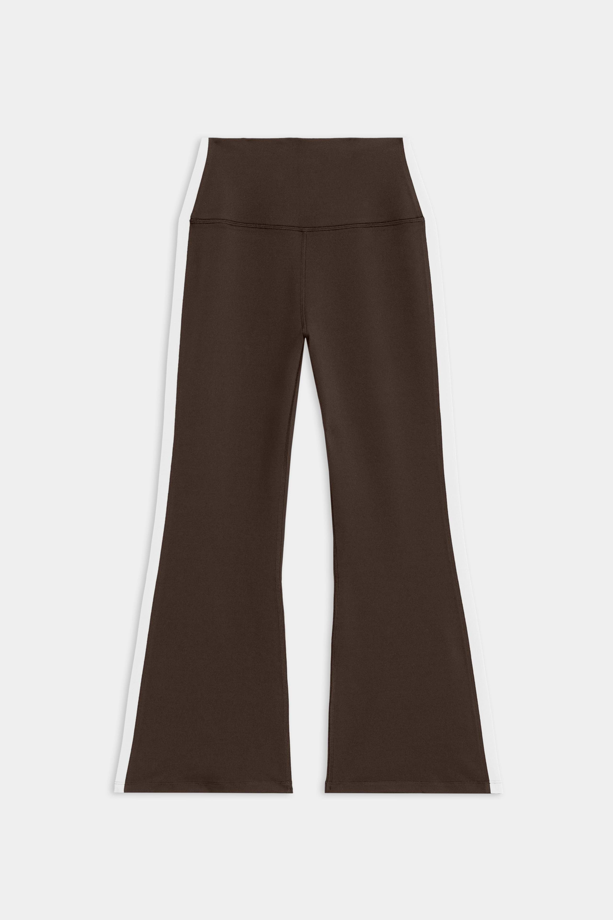 The SPLITS59 Raquel High Waist Supplex Crop in Dark Chocolate/White are high-waisted, flared pants with 4-way stretch, shown on a white background.