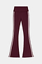 Introducing the SPLITS59 Raquel High Waist Supplex Flare in Dark Cherry/Creme: high-waisted, maroon flare pants crafted from a comfortable nylon-spandex blend, with white double stripes along the sides—shown against a white background.