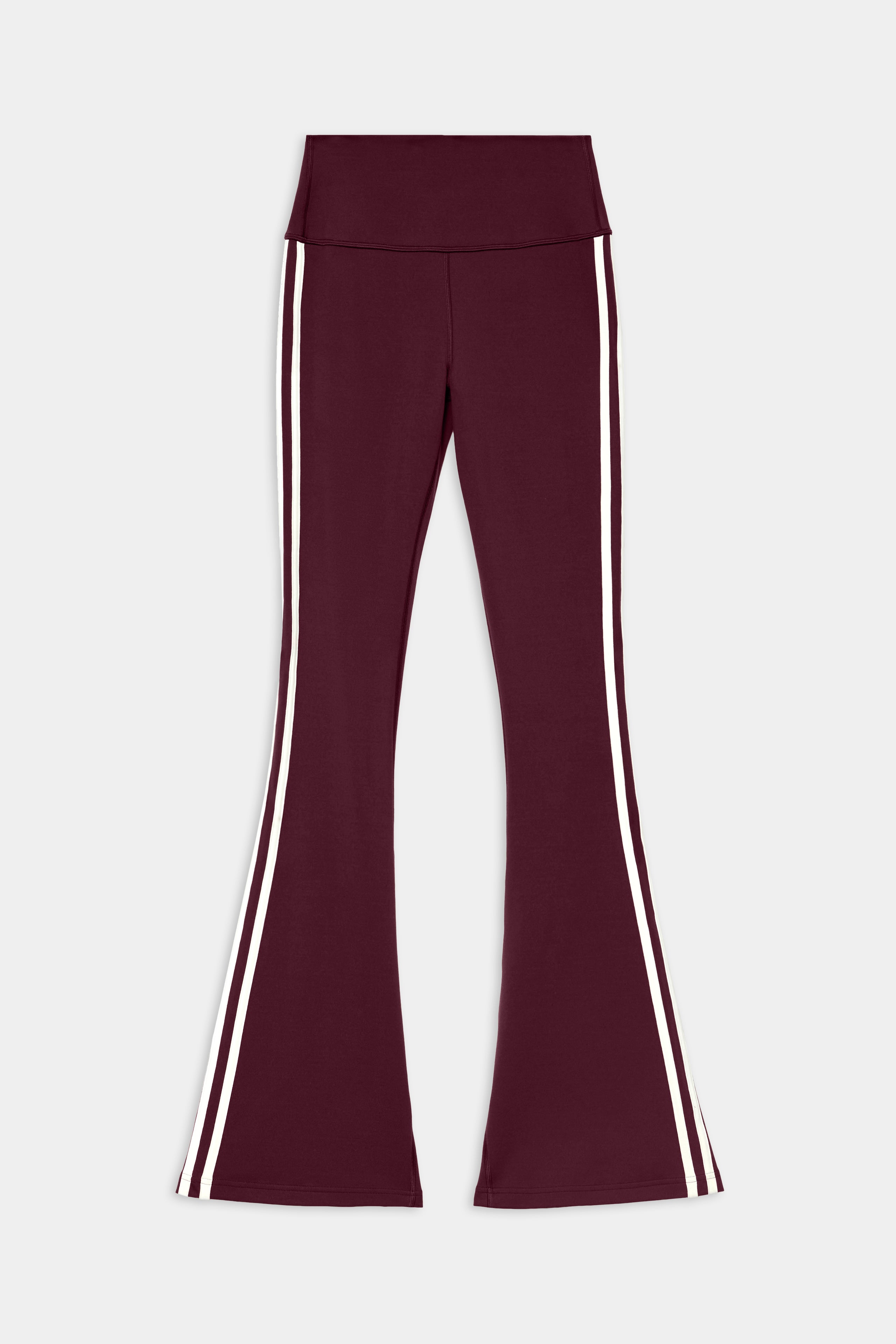Introducing the SPLITS59 Raquel High Waist Supplex Flare in Dark Cherry/Creme: high-waisted, maroon flare pants crafted from a comfortable nylon-spandex blend, with white double stripes along the sides—shown against a white background.