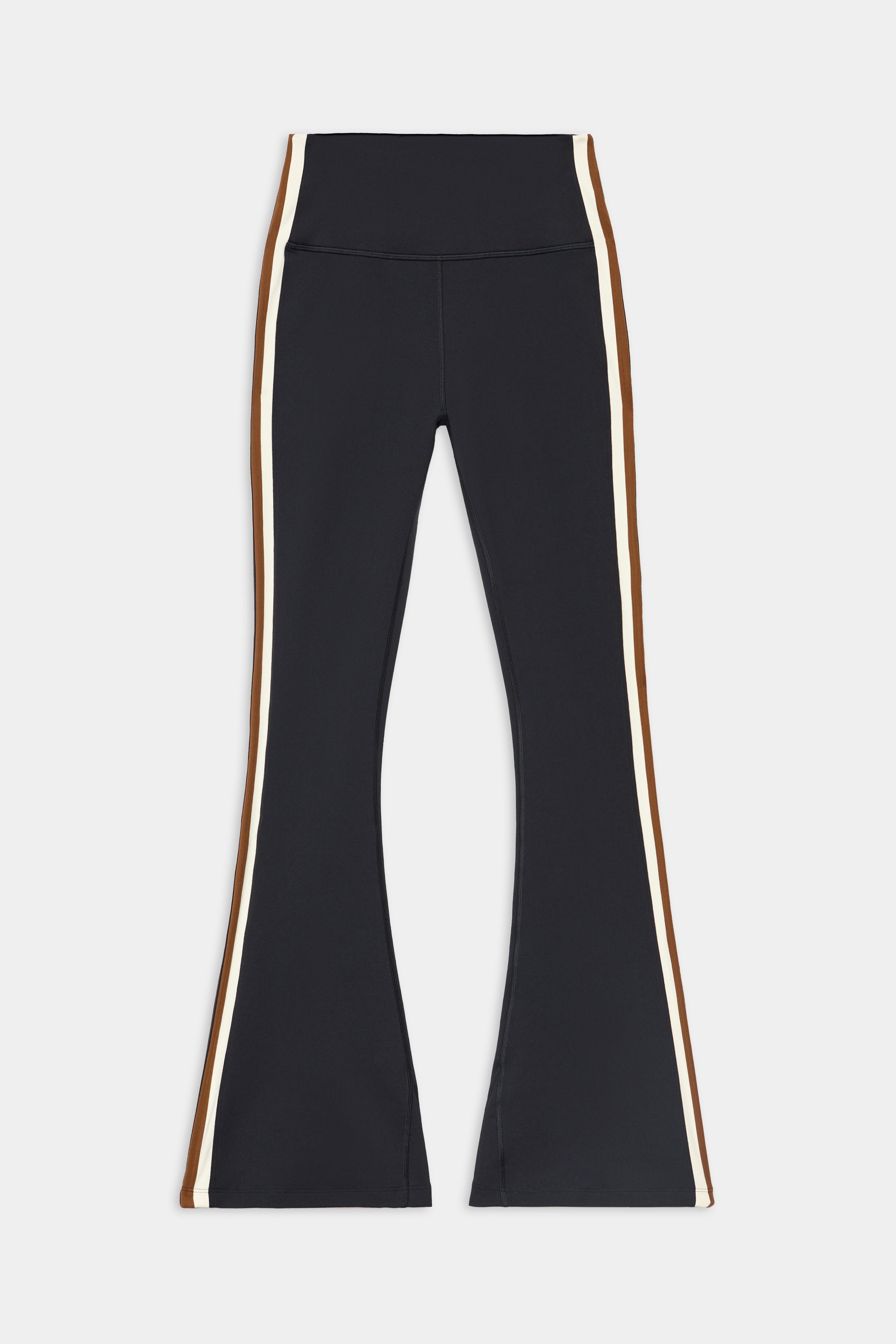 The SPLITS59 Raquel High Waist Supplex Flare - Black/Creme features white and brown side stripes and a nylon-spandex blend, shown flat on a white background.