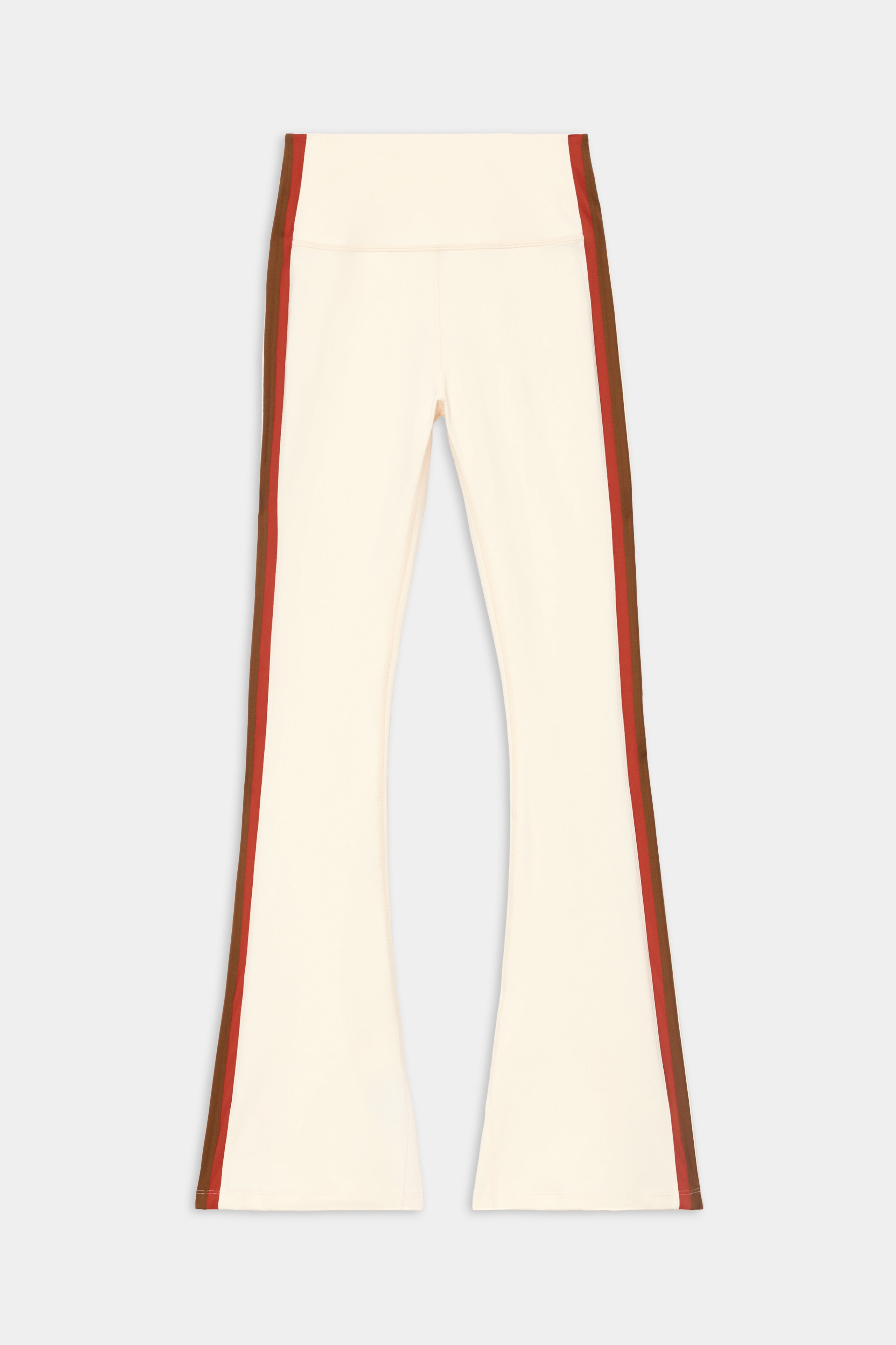 Raquel High Waist Supplex Flare - Creme/Terracotta by SPLITS59: cream flared stretch pants with red and brown side stripes, displayed on a white background.