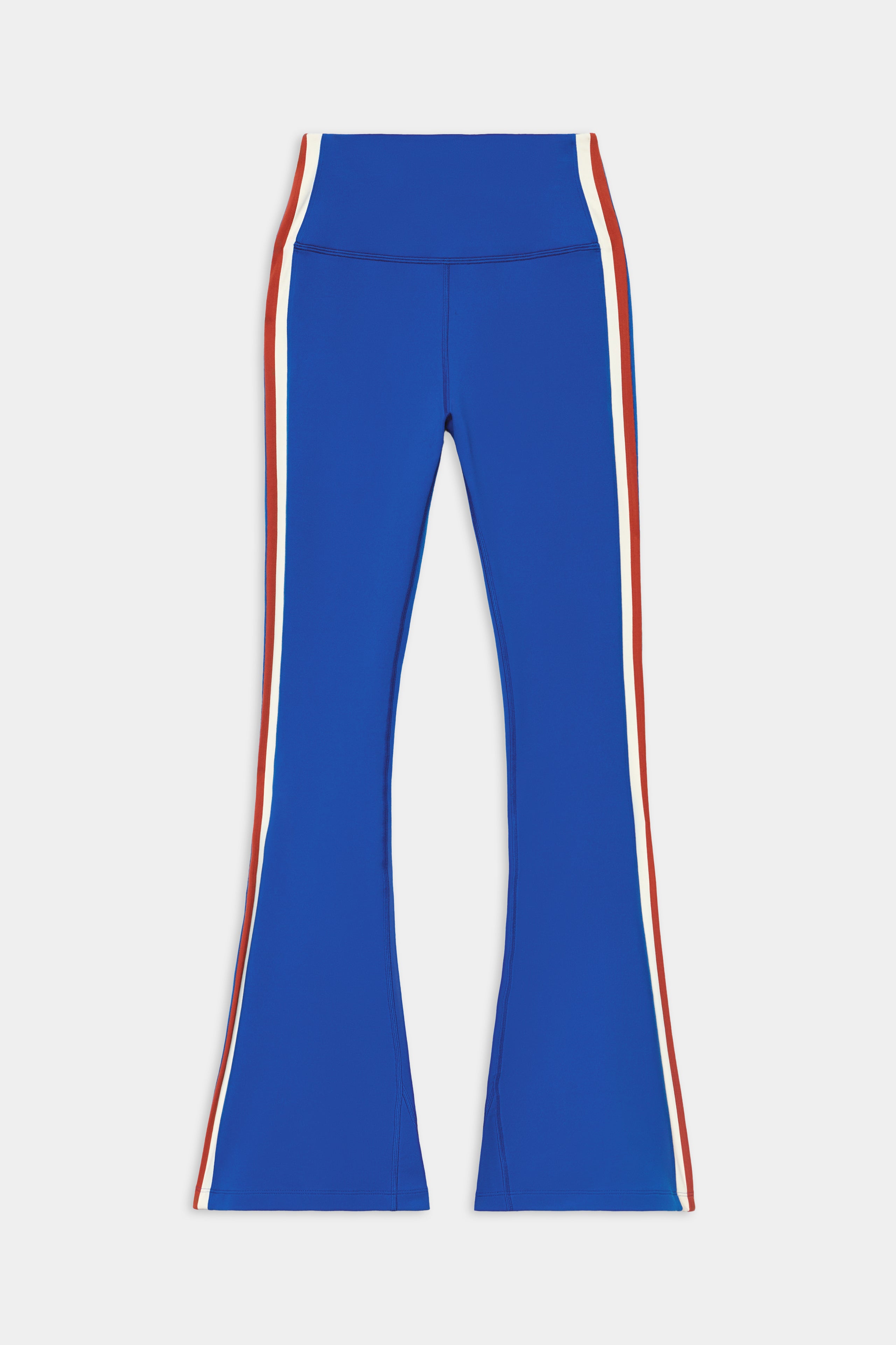 The Raquel High Waist Supplex Flare - Cobalt/Creme by SPLITS59 features bright blue, stretch nylon with red and white side stripes, shown flat on a white background.