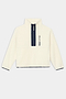 The SPLITS59 Reese Sherpa Half Zip Pullover in Creme/Indigo features a high collar, front half-zip closure, dark indigo trim, and a zippered chest pocket. Crafted from soft 100% polyester for warmth and durability.