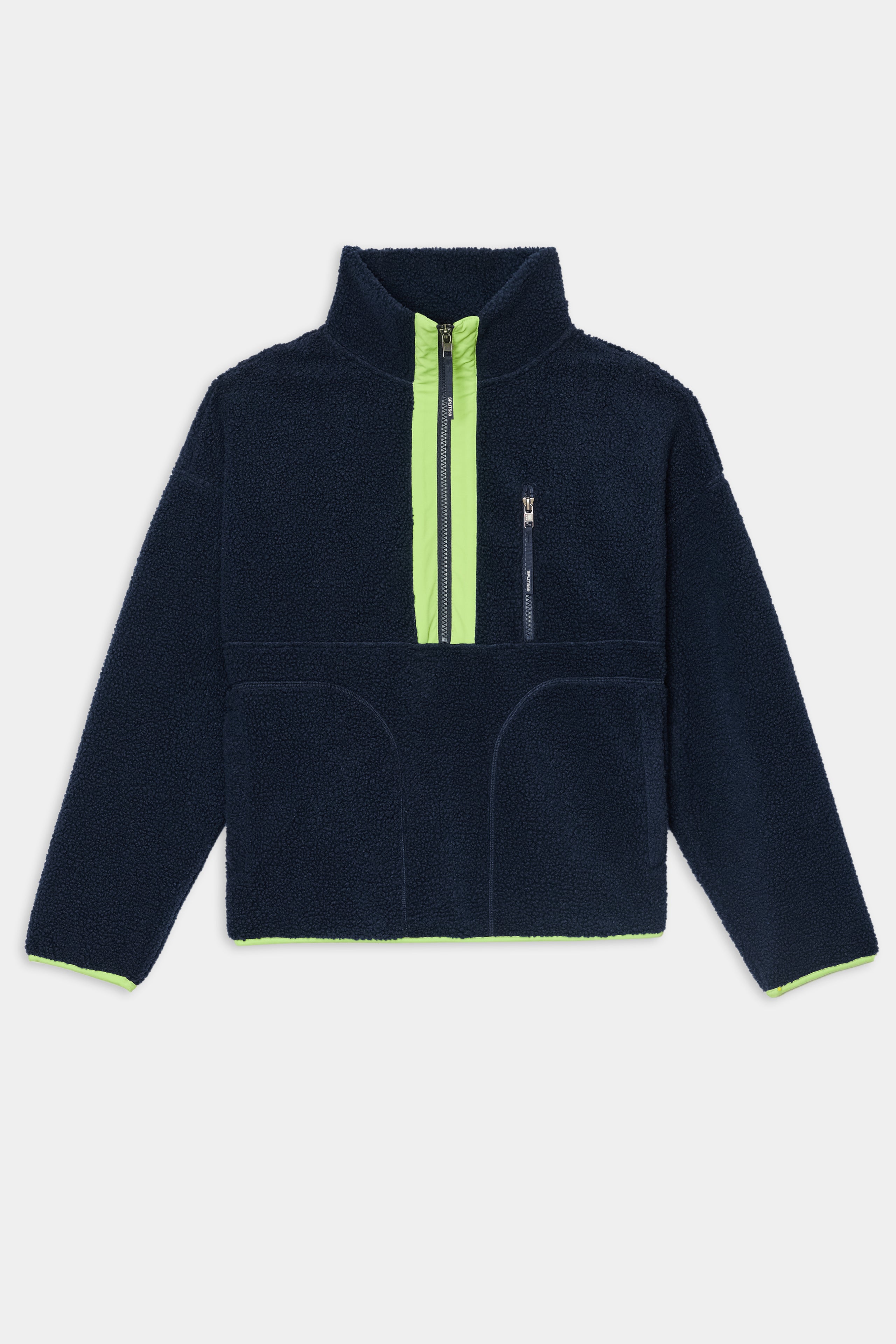 Introducing the SPLITS59 Reese Sherpa Half Zip Pullover in Indigo/Limeade—a cozy navy blue fleece crafted from soft 100% polyester, featuring a high collar, neon limeade zipper, front pocket, and vibrant limeade lining on the cuffs and interior for added warmth and comfort.