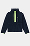 Introducing the SPLITS59 Reese Sherpa Half Zip Pullover in Indigo/Limeade—a cozy navy blue fleece crafted from soft 100% polyester, featuring a high collar, neon limeade zipper, front pocket, and vibrant limeade lining on the cuffs and interior for added warmth and comfort.