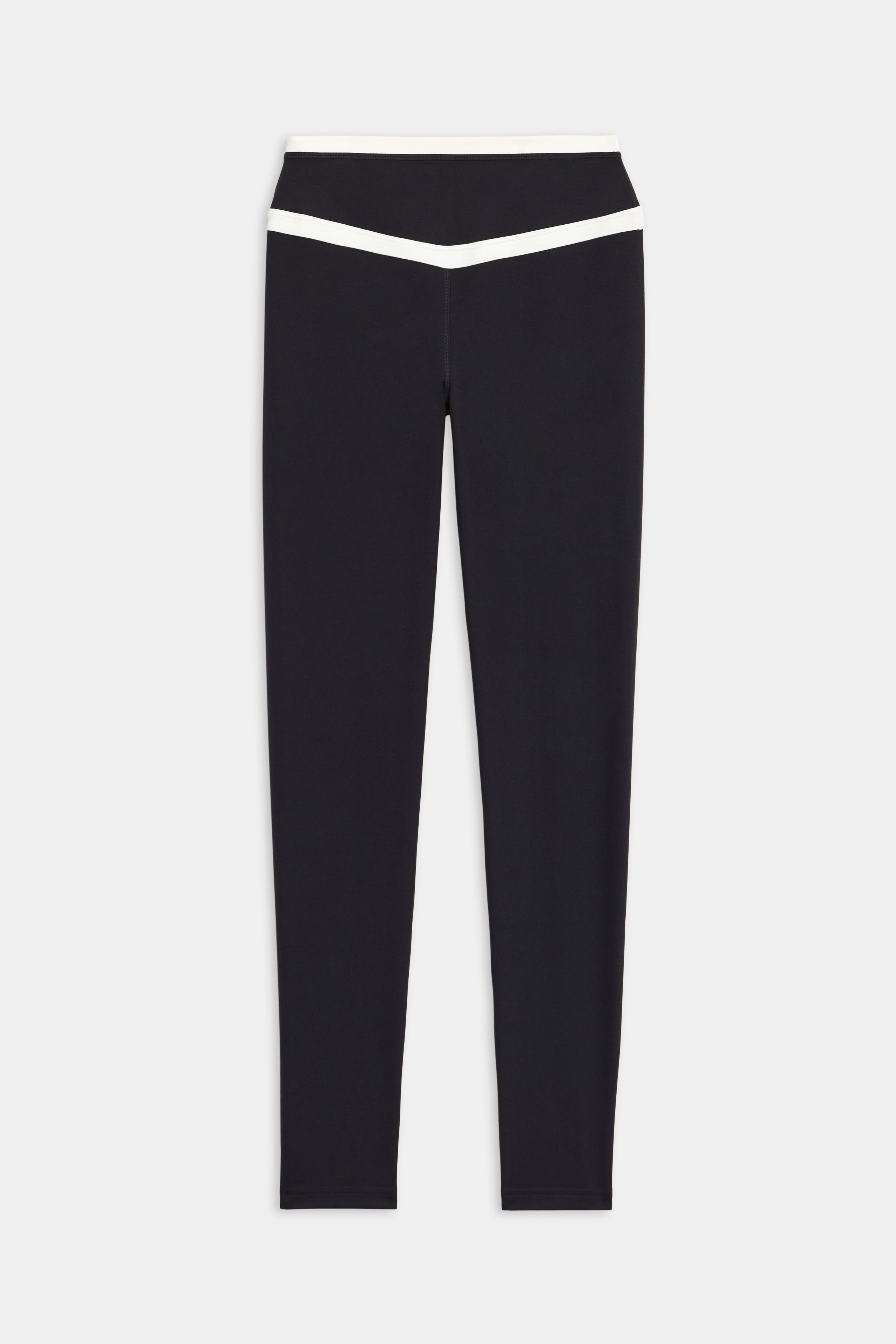 SPLITS59 Mason High Waist Rigor Full Length leggings in black and white feature a white V-shaped waistband detail, shown laid flat on a white background.