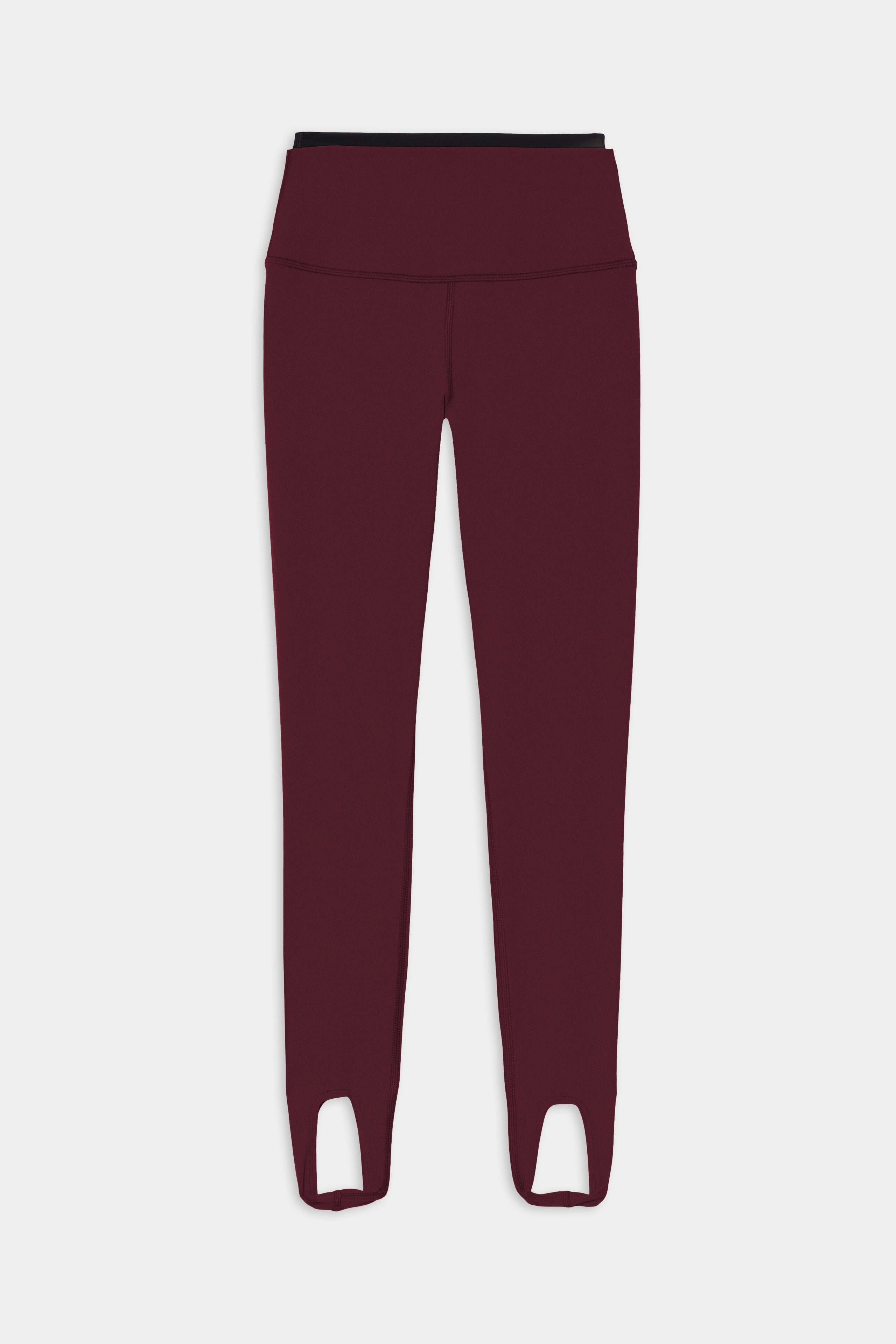 The SPLITS59 River Dual Waist Airweight Stirrup leggings in Dark Cherry/Black feature a contrasting black waistband and ankle stirrups, crafted from soft nylon spandex fabric and shown against a white background.