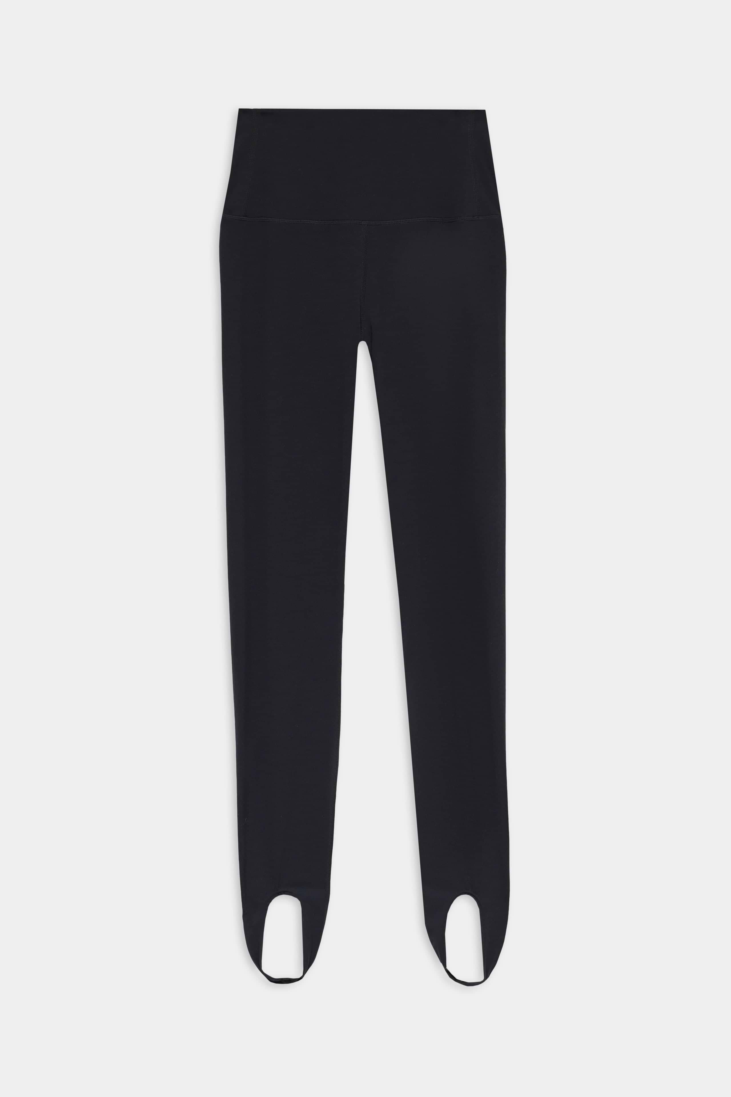 The SPLITS59 River High Waist Airweight Stirrup Leggings in black are crafted from soft Airweight fabric and shown laid flat on a white background.