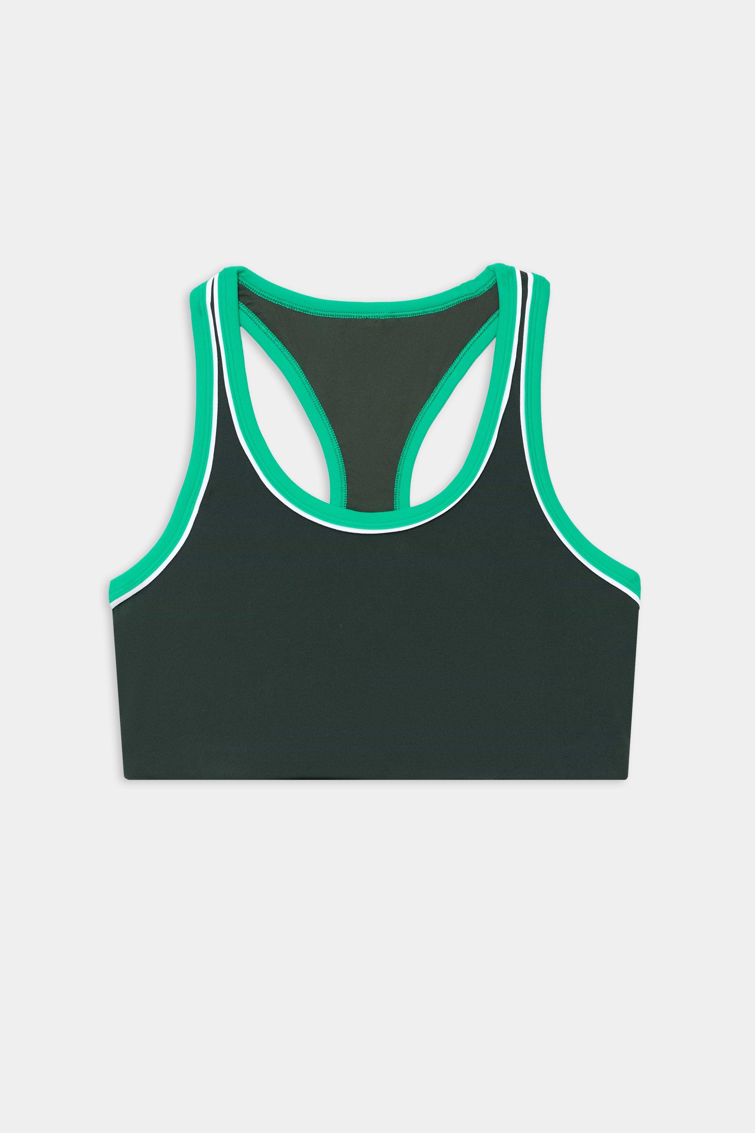 The SPLITS59 Robbie Airweight Bra in Military/Spearmint is a green racerback sports bra with white trim, crafted from a soft nylon-spandex blend, shown on a plain white background.