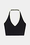 The SPLITS59 Rory Airweight Halter Bralette in Black/Creme features a black design with cream-colored trim along the neckline and straps, crafted to pair seamlessly with your favorite nylon leggings. Shown against a plain white background.
