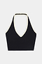 The SPLITS59 Rory Airweight Halter Bralette in Black/Creme features a black design with cream-colored trim along the neckline and straps, crafted to pair seamlessly with your favorite nylon leggings. Shown against a plain white background.