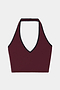 The SPLITS59 Rory Airweight Halter Bralette in Dark Cherry/Black features a halter-style design with a deep V-neckline and black trim, crafted from a stretch material for a comfortable fit, shown laid flat on a white background.
