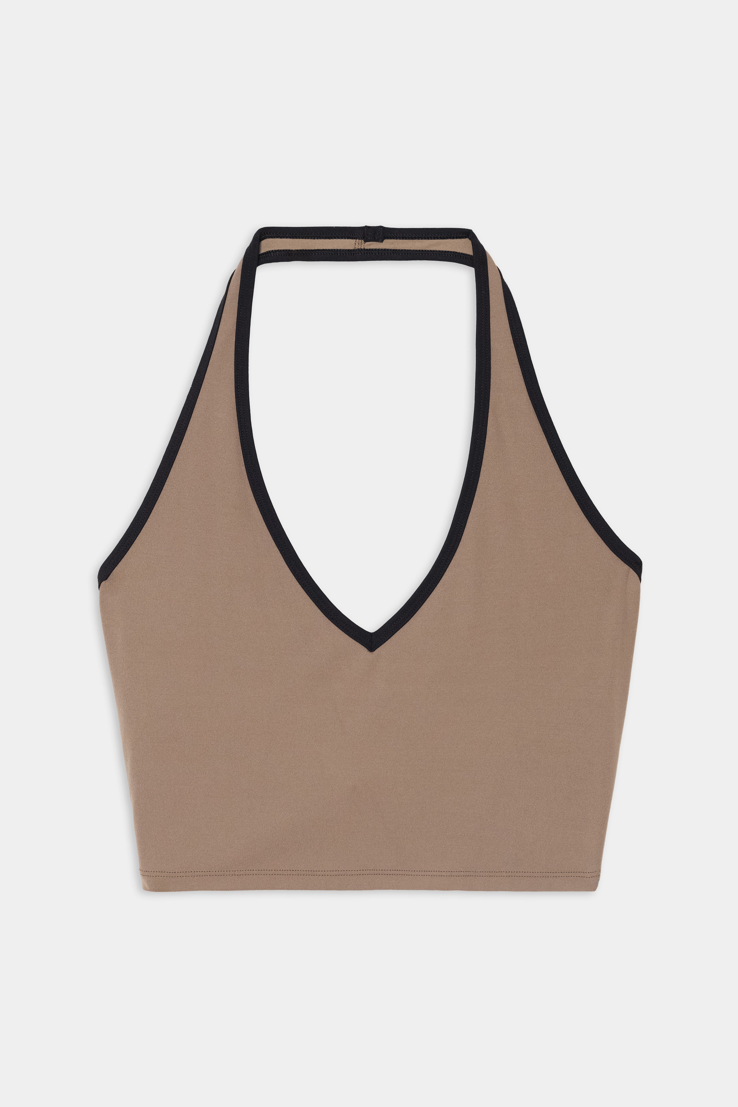 The SPLITS59 Rory Airweight Halter Bralette in Lentil/Black, featuring a deep V-neck and black trim, is crafted from a soft blend of spandex and nylon and is shown laid flat on a white background.