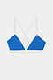 SPLITS59 Sage Rigor Bra in Classic Blue/White, a bralette-style top crafted from soft nylon spandex fabric, features white straps and trim with a crisscross back design, showcased against a plain white background.