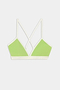 The SPLITS59 Sage Rigor Bra in Limeade/White features a light green design with white trim, thin crisscross back straps, and is crafted from a soft nylon-spandex blend. It is showcased on a plain white background.