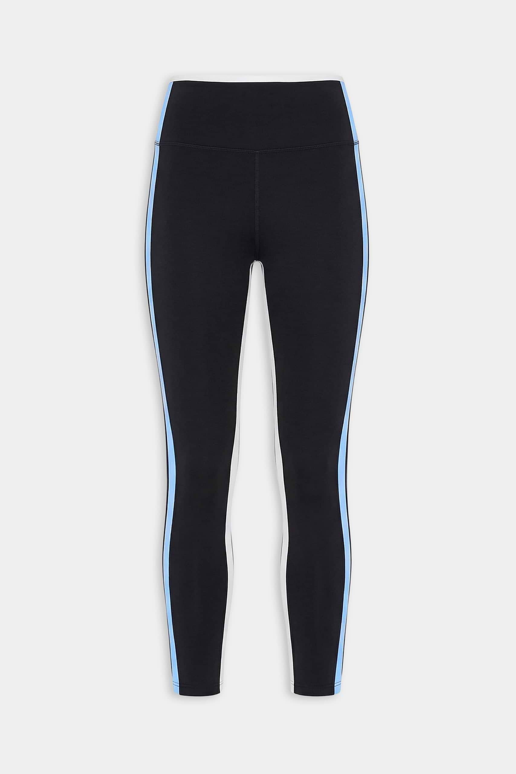 The SPLITS59 Sam High Waist Rigor 7/8 leggings in Black/Skylight feature Rigor fabric, a run-tight fit, and light blue side stripes, shown on a white background.