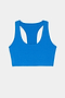 The SPLITS59 Sara Airweight Bra in Classic Blue, featuring a sleeveless racerback design ideal for hot yoga or Pilates, is displayed flat on a white background.
