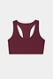 The SPLITS59 Sara Airweight Bra in Dark Cherry features a racerback design and is crafted from a soft nylon-spandex blend, shown against a plain white background.