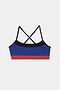 Scottie Airweight Bra - Cobalt/Indigo by SPLITS59 features black crisscross straps and a red band, made from a nylon-spandex blend, shown on a white background.