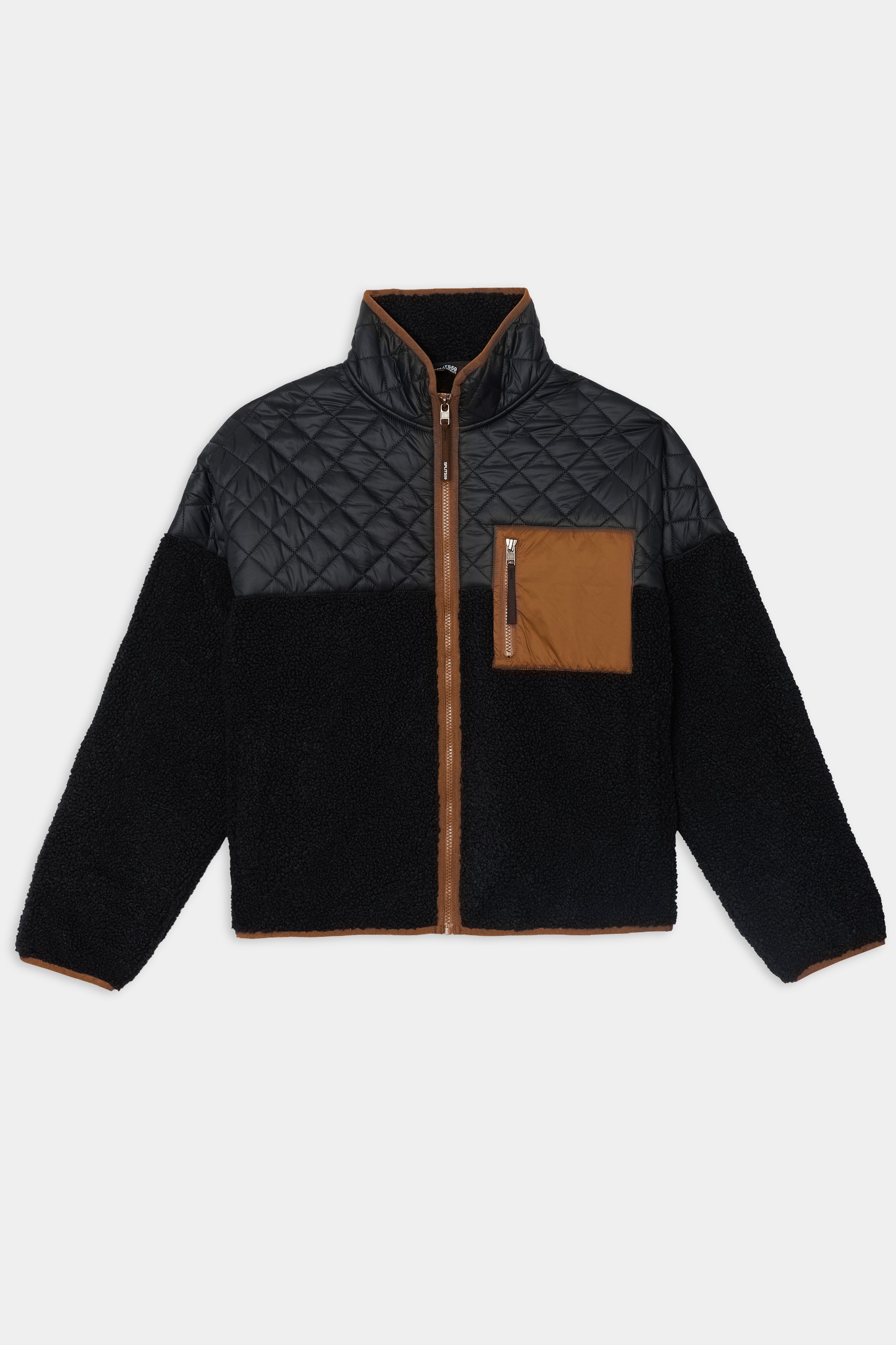 SPLITS59 Skylar Sherpa Jacket - Black/Toffee: 100% polyester zip-up with quilted upper, sherpa lower, long sleeves, and brown zip chest pocket. Laid flat on white background.