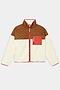 SPLITS59 Skylar Sherpa Jacket - Creme/Toffee features a brown quilted top, white fleece body and sleeves, red zipper and chest pocket—made from soft 100% polyester.