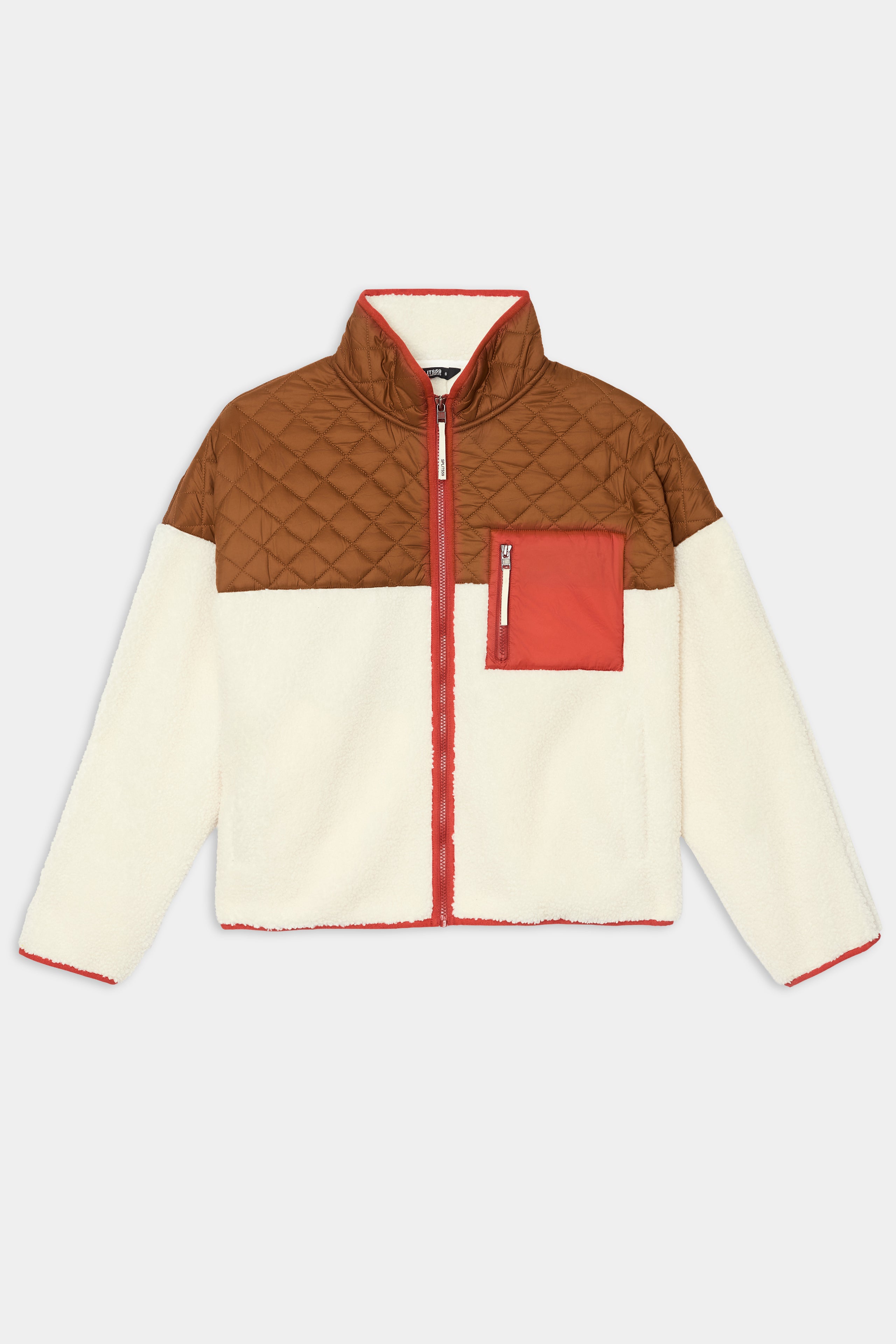 SPLITS59 Skylar Sherpa Jacket - Creme/Toffee features a brown quilted top, white fleece body and sleeves, red zipper and chest pocket—made from soft 100% polyester.