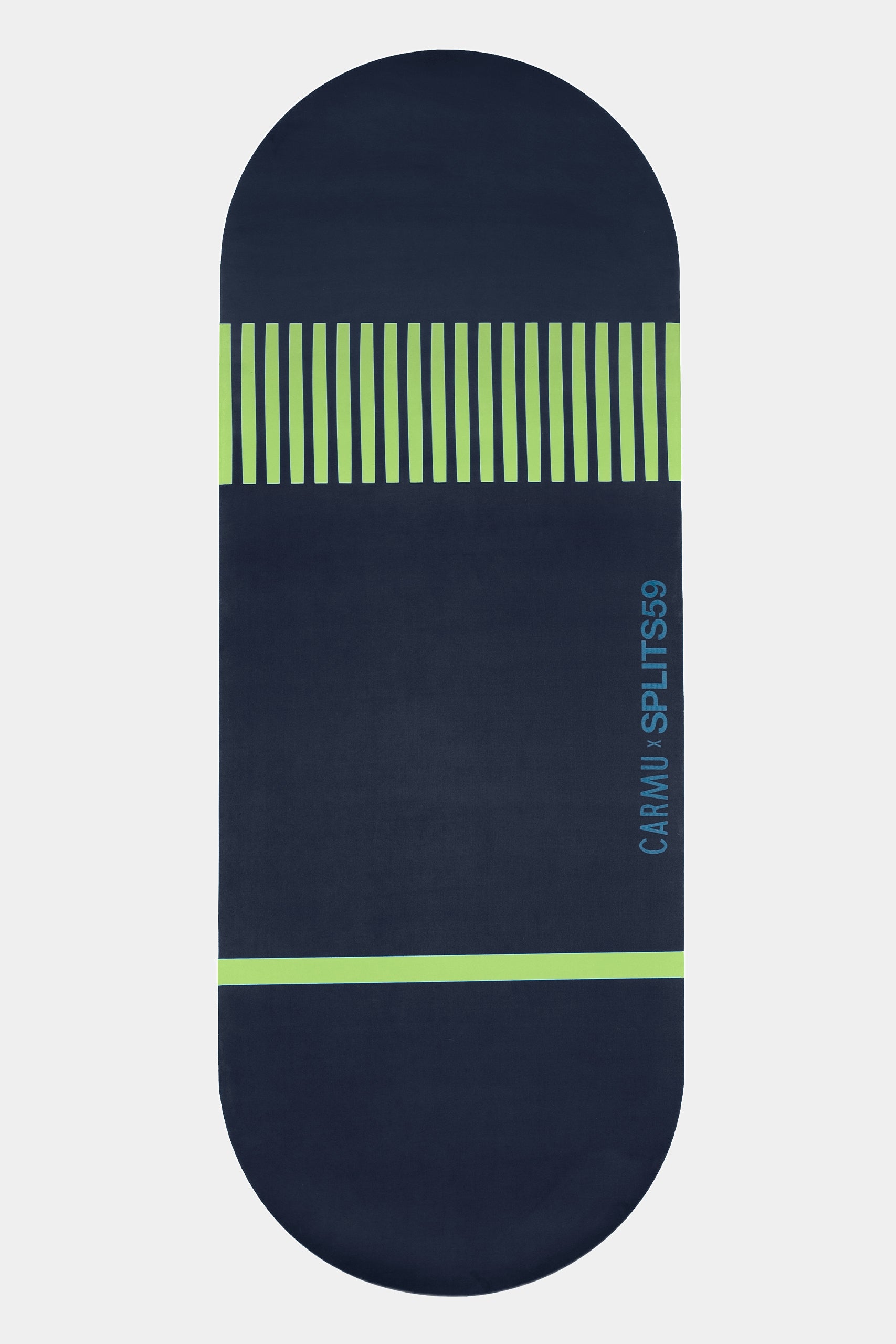 Introducing The Sloan Mat by SPLITS59—a dark blue rectangular yoga mat with rounded corners, accented by lime green stripes and branded with “SPLITS59” on the lower right side. Crafted with a sweat-proof surface and an eco-rubber base, this mat ensures superior grip and stability throughout your practice.