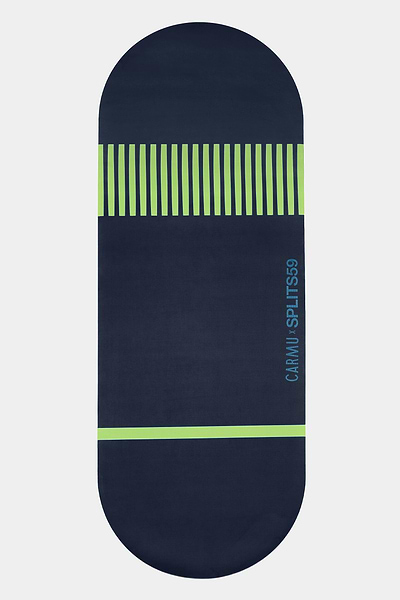 Introducing The Sloan Mat by SPLITS59—a dark blue rectangular yoga mat with rounded corners, accented by lime green stripes and branded with “SPLITS59” on the lower right side. Crafted with a sweat-proof surface and an eco-rubber base, this mat ensures superior grip and stability throughout your practice.