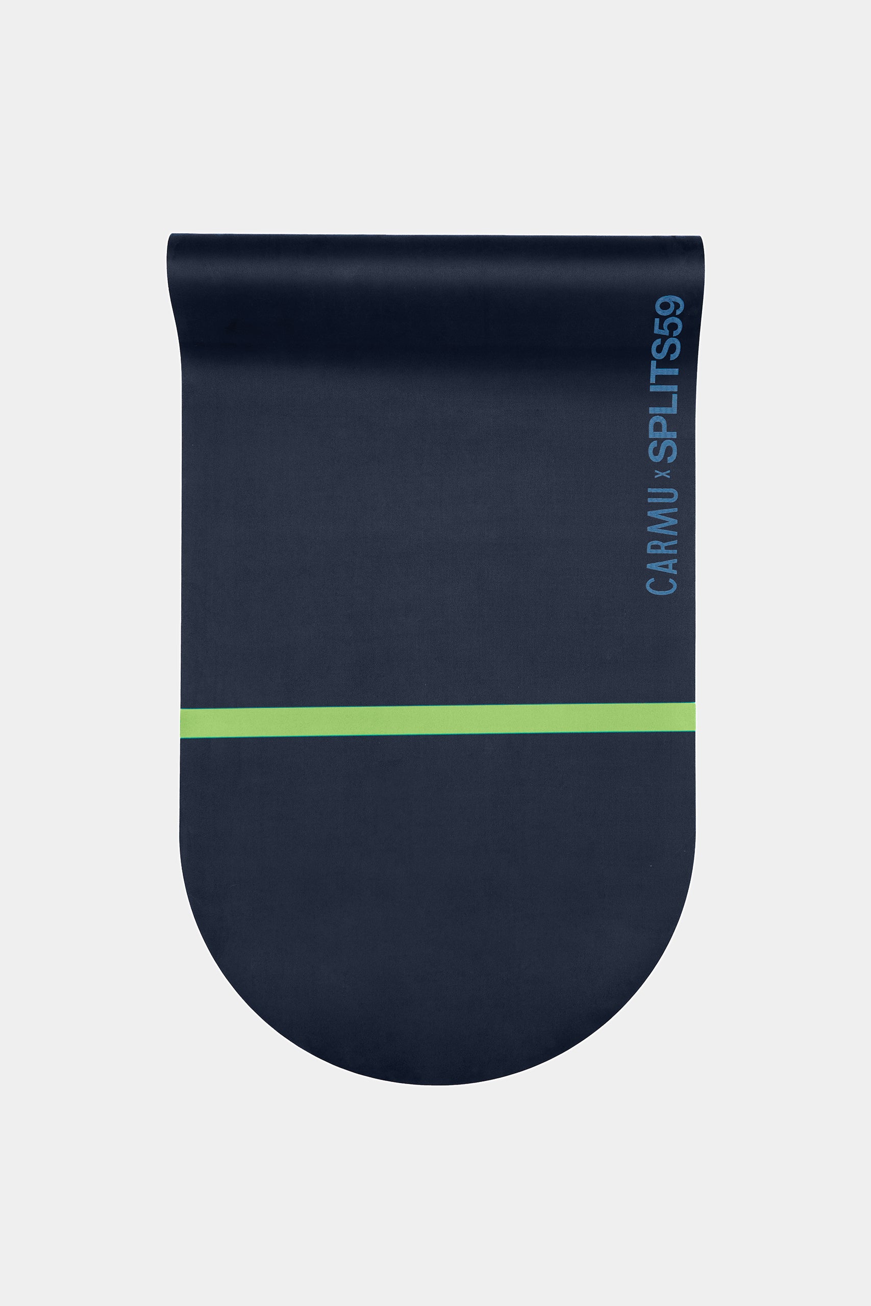 The Sloan Mat by SPLITS59 is a dark blue yoga mat with rounded ends, featuring a horizontal light green stripe and “CARIUMA SPLITS59” printed in blue in the top right corner. Designed to be sweat-proof, it includes an eco-rubber base for enhanced stability during your practice.