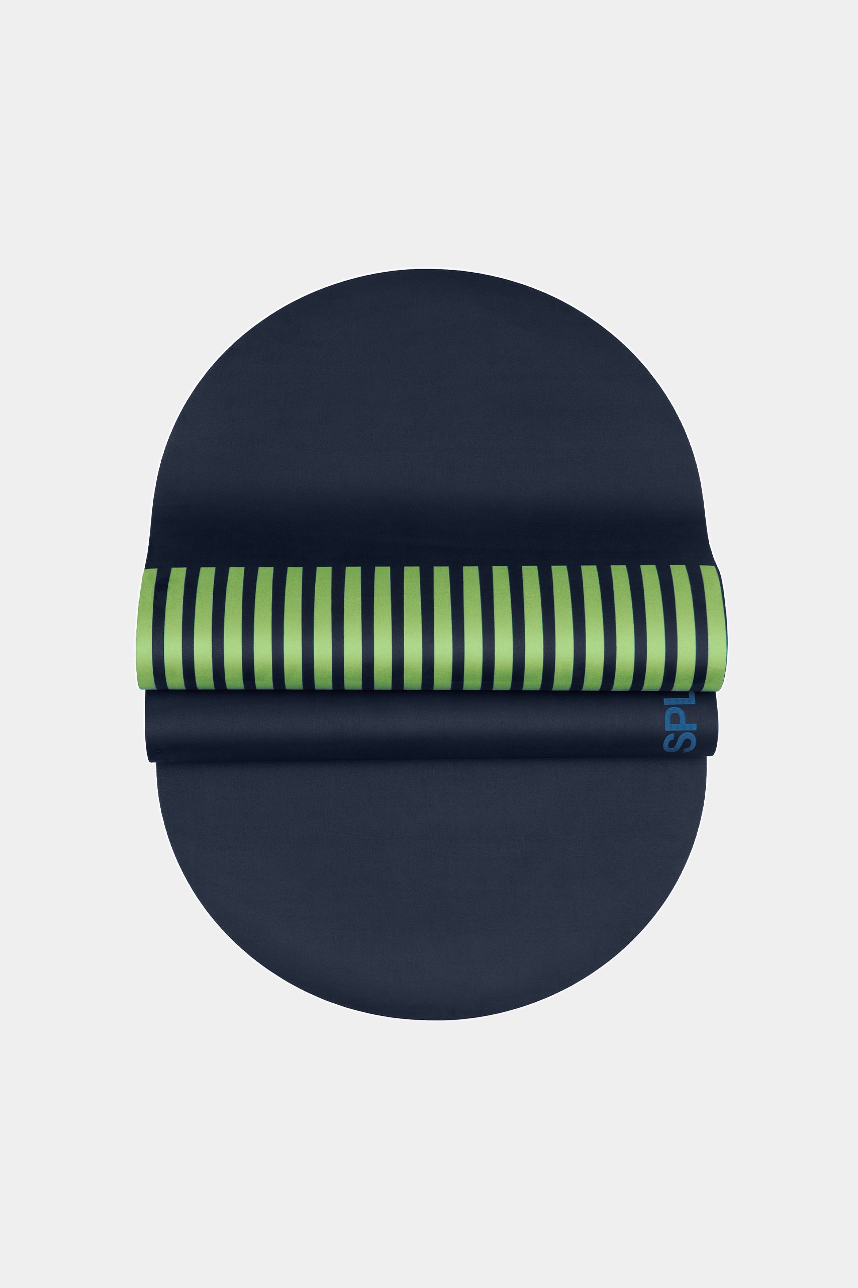 The SPLITS59 The Sloan Mat is a rolled-up navy blue yoga mat with green and navy stripes near one edge, featuring a sweat-proof surface and an eco-rubber base, displayed on a plain light background.