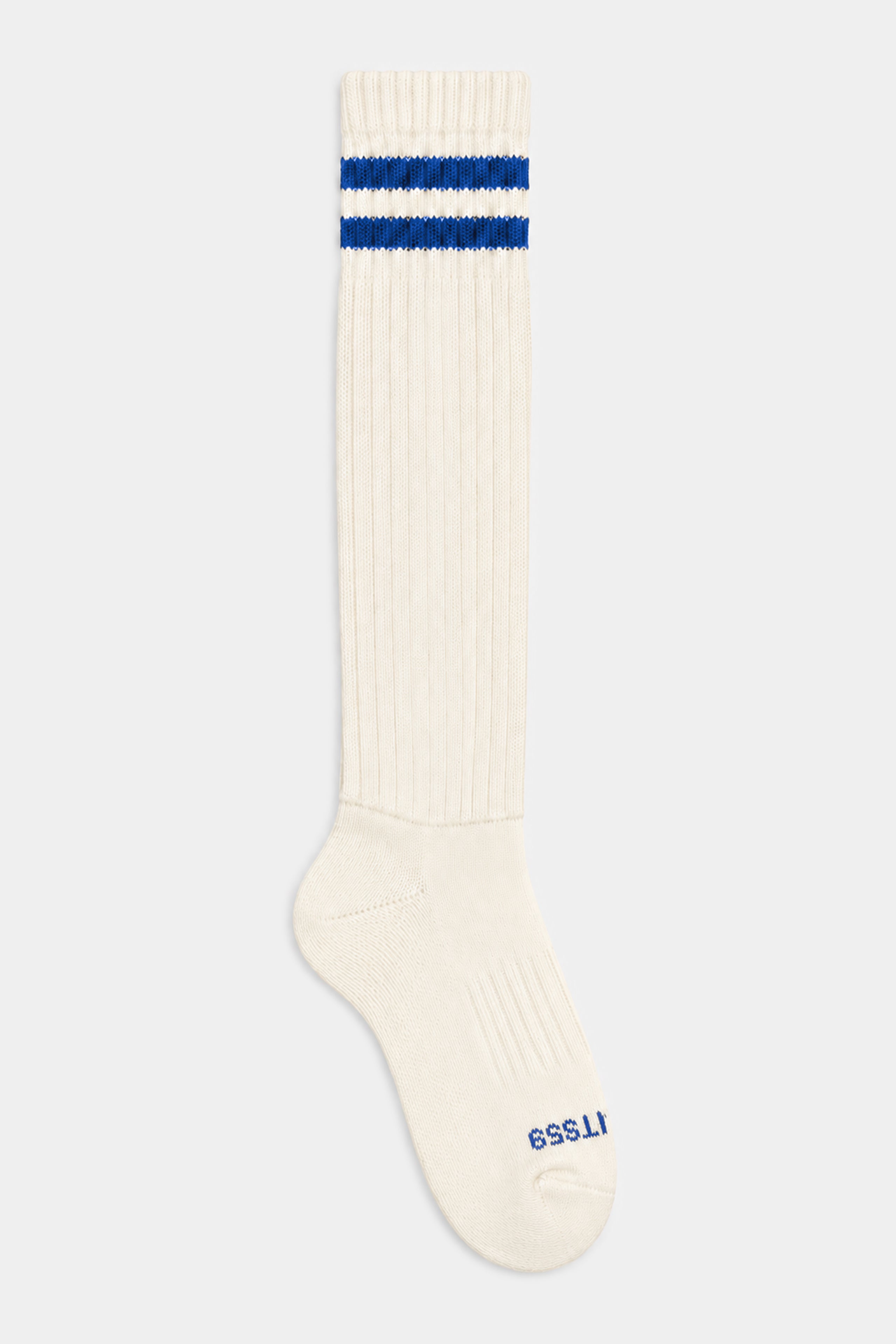 The Slouchy Sock - White/Cobalt by SPLITS59 is an off-white, ribbed, knee-high sock with two cobalt stripes and “ISSUE” in blue on the toe.