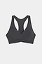 The SPLITS59 Mia Rigor Bra in Graphite—a black racerback sports bra featuring a V-neckline and wide straps, designed for multi-sport performance—is laid flat on a white background.