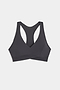 The SPLITS59 Mia Rigor Bra in Graphite—a black racerback sports bra featuring a V-neckline and wide straps, designed for multi-sport performance—is laid flat on a white background.