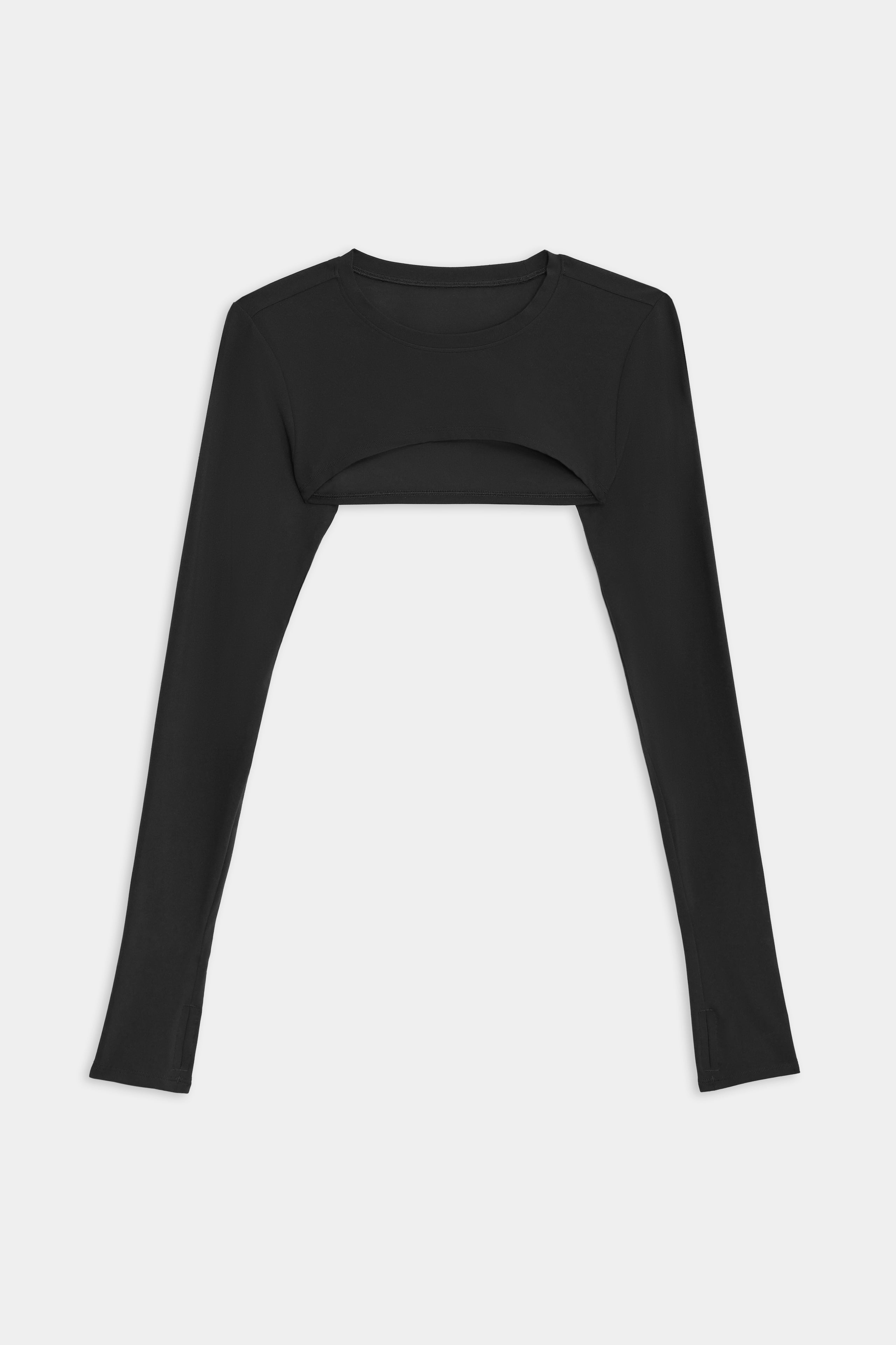 The Amelia Airweight Lite Shrug by SPLITS59 in black features a cut-out front detail, ideal for dance or yoga. Its lightweight design ensures flexibility and ease of movement, displayed flat against a white background.