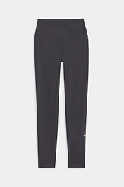 The SPLITS59 Mia Rigor 7/8 leggings in Graphite feature a high-waisted, crossover waistband and are crafted from durable Rigor fabric for essential performance, shown flat against a white background.