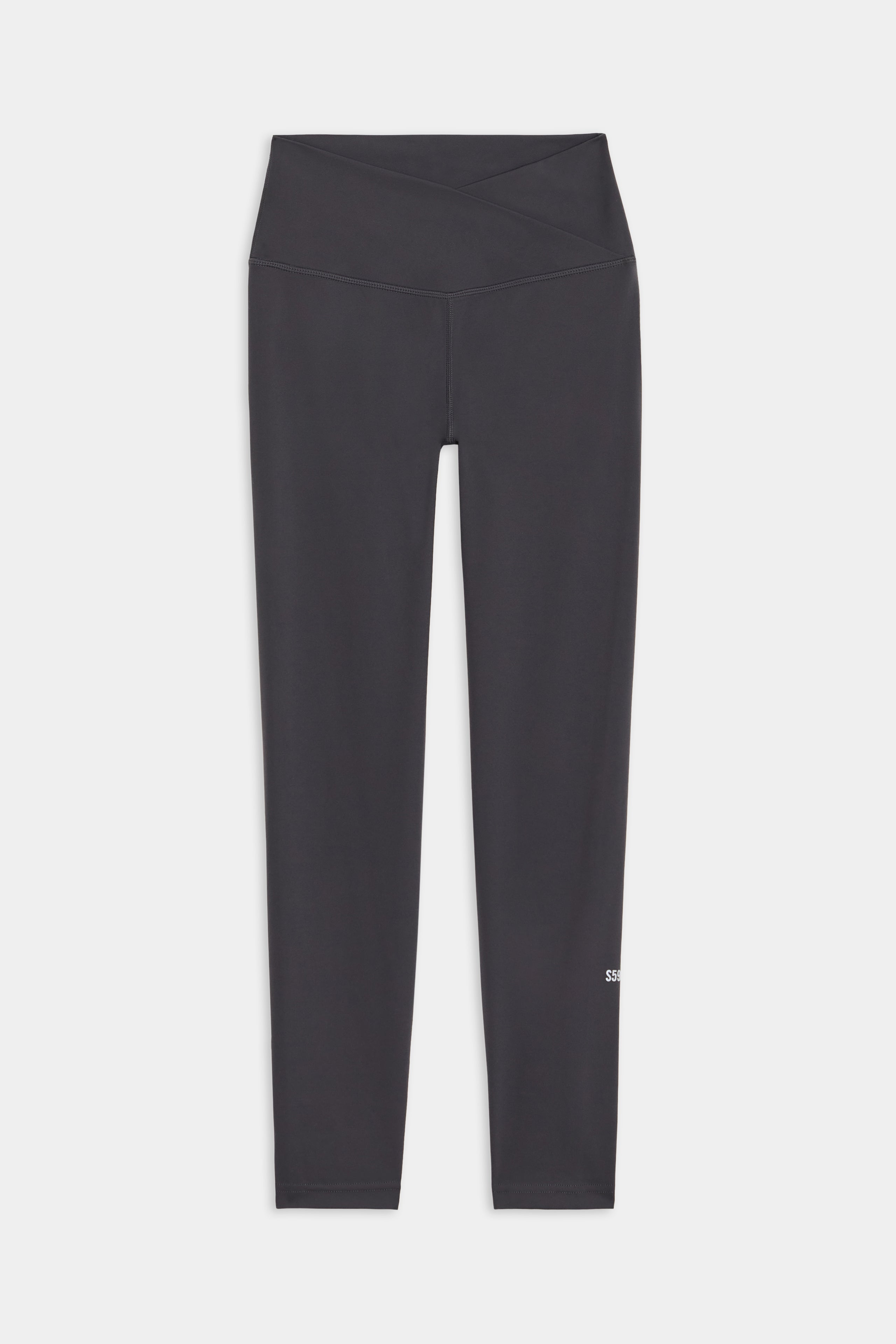 The SPLITS59 Mia Rigor 7/8 leggings in Graphite feature a high-waisted, crossover waistband and are crafted from durable Rigor fabric for essential performance, shown flat against a white background.