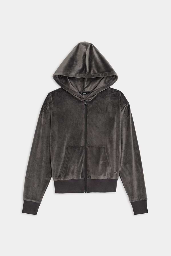 The Rhys Velour Zip Up Hoodie by SPLITS59 is a gray zip-up with an attached hood, ribbed cuffs, and hem.