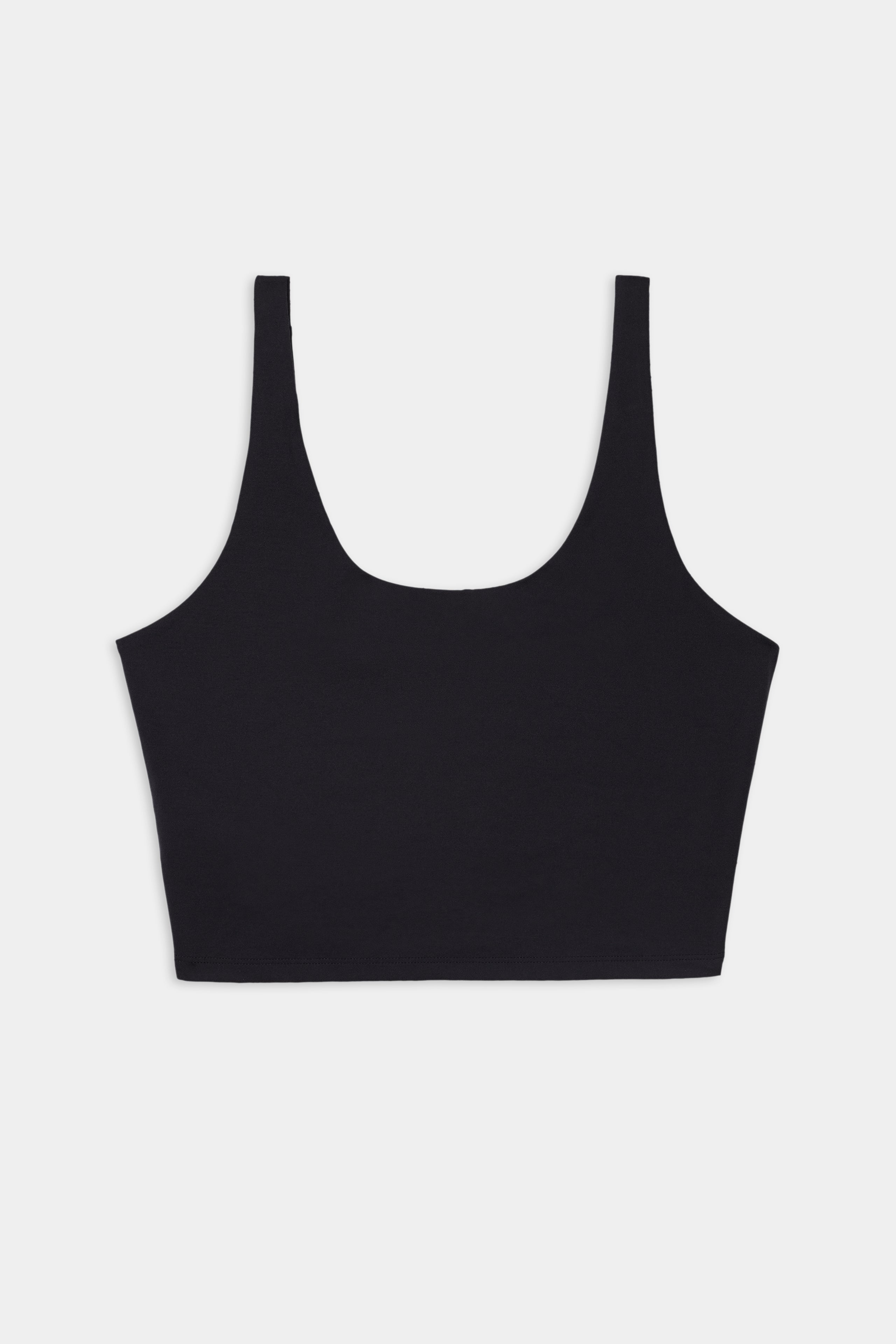 The SPLITS59 Sprint Rigor Bralette in black, crafted from ultra-light Rigor fabric for enhanced comfort, features wide shoulder straps and a scoop neckline. It is shown laid flat on a white background.