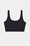 Black sports bra with wide straps and a scoop neckline, displayed flat against a white background.