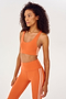 Side view of girl wearing orange sports bra with two thin white stripes  down the side and orange leggings 