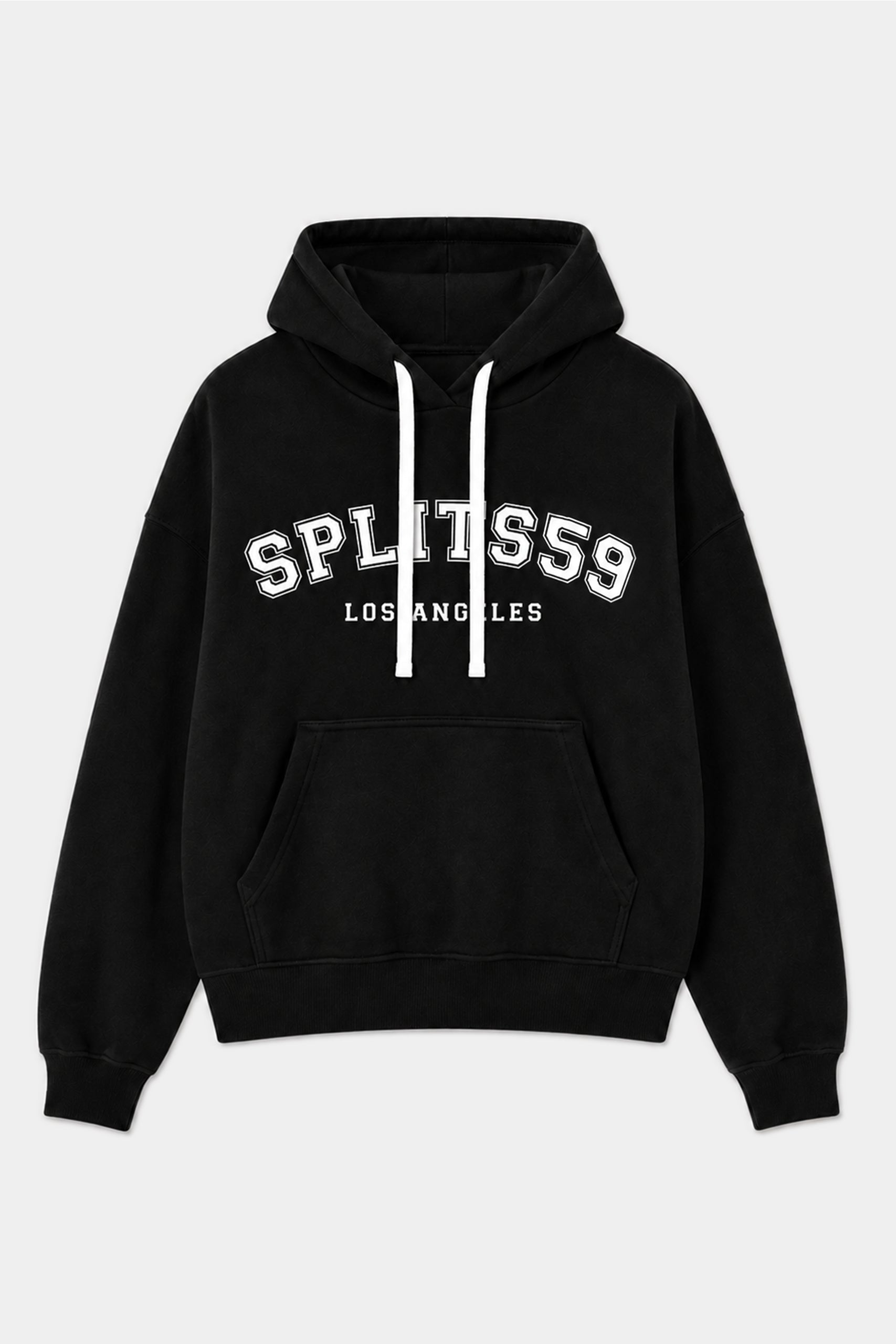 Stella French Terry Oversized Hoodie by SPLITS59 in black, featuring soft cotton fabric, white drawstrings, and “SPLITS59 LOS ANGELES” text on the front, displayed flat against a plain background.