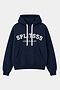 The Stella French Terry Oversized Hoodie by SPLITS59 features an indigo color, is crafted from 100% cotton, and includes white drawstrings, a kangaroo pocket, and “SPLITS59 LOS ANGELES” printed in white on the front.
