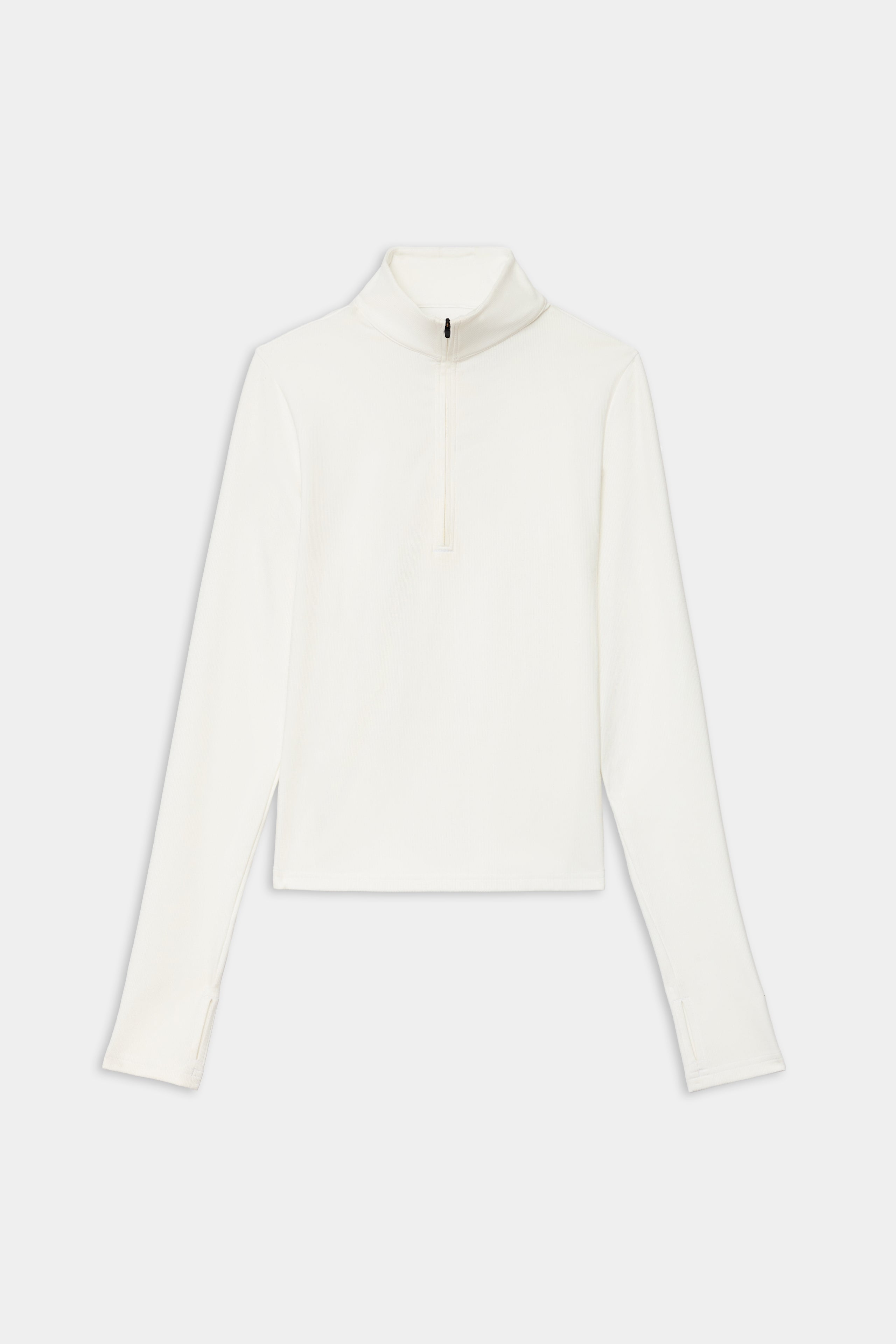 The SPLITS59 Stevie Active Rib Half Zip Waist Length in white is a long-sleeve, high-neck top with a half-zip front, waist-length fit, and rib texture—ideal for gym workouts.
