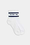 A pair of white ankle socks with blue stripes and the text "SPLITS59" displayed above the stripes, reminiscent of vintage sport style—Logo Stripe Quarter Socks - White/Indigo by SPLITS59.